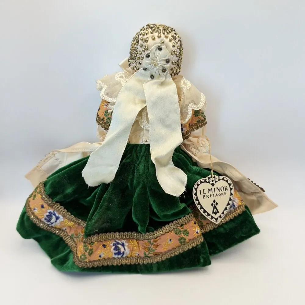Vintage Bebe Breton French Celluloid Doll Green Velvet Dress Beaded Bonnet Lace
